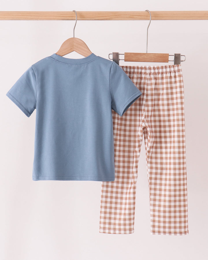 Blue short-sleeve shirt and orange gingham pants set, plain back view