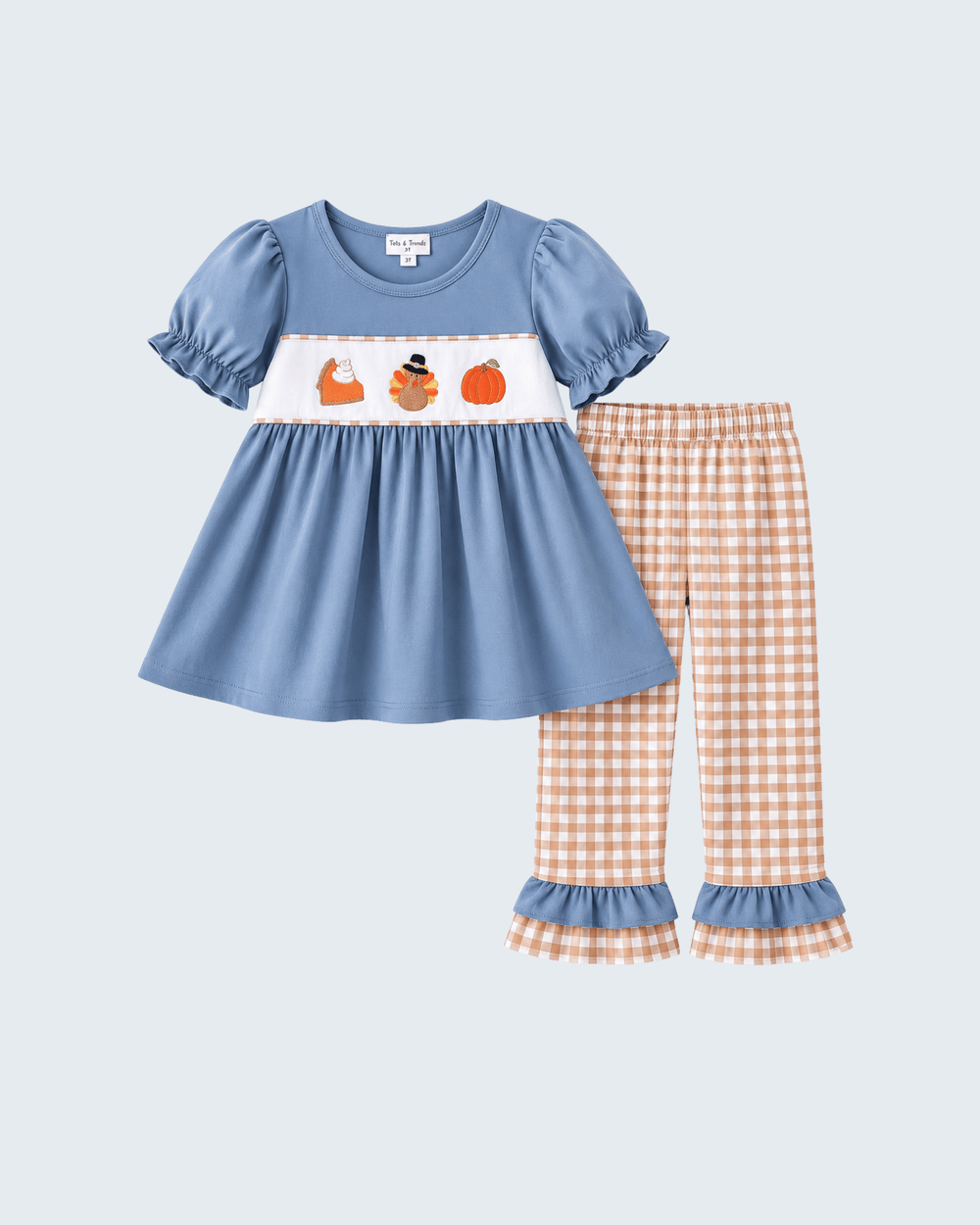Light blue embroidered ruffle dress and orange gingham ruffle pants set