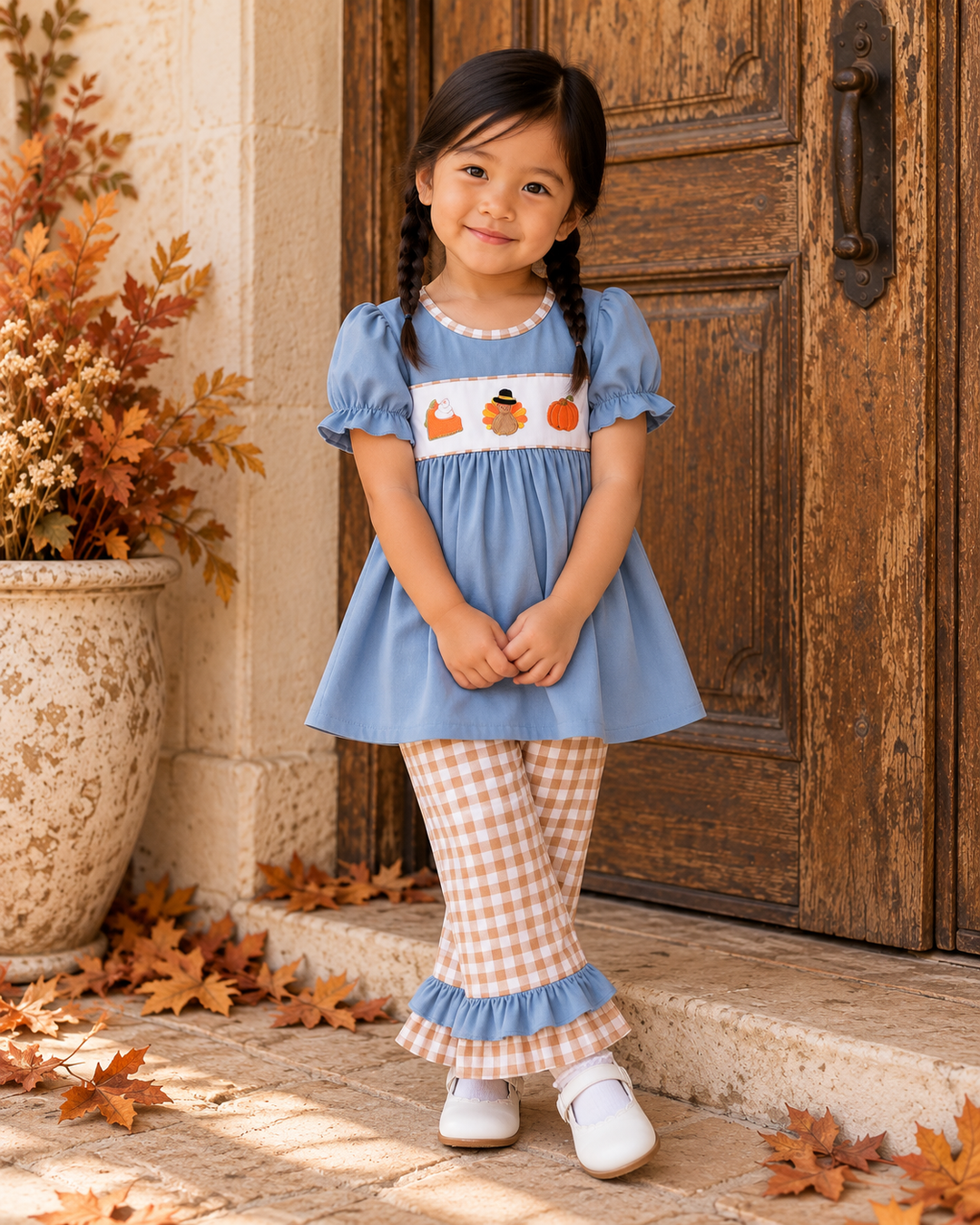 Blue puff-sleeve ruffle dress with turkey and pumpkin panel, plus gingham ruffle pants