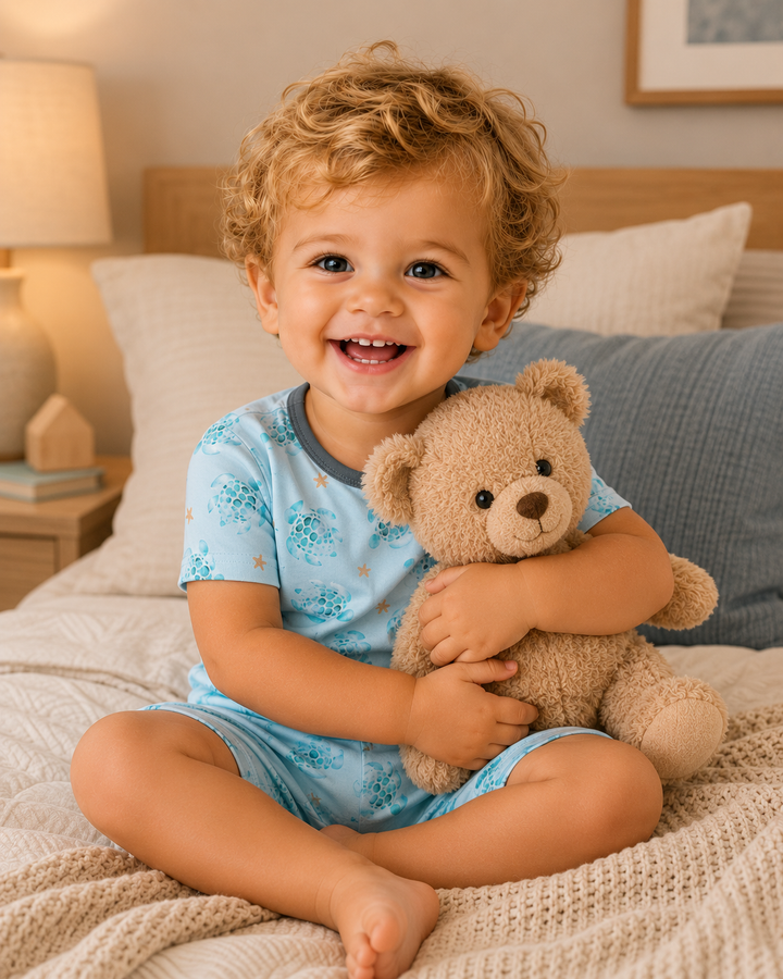 Child holding a teddy bear on a bed in a cozy bedroom