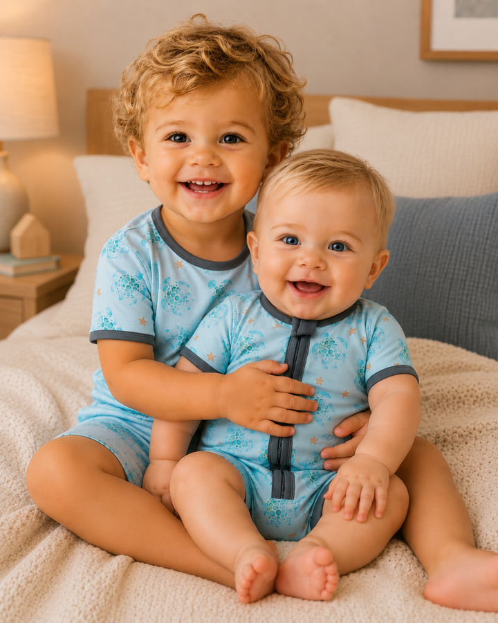 Two children in matching blue rompers sitting on a bed.