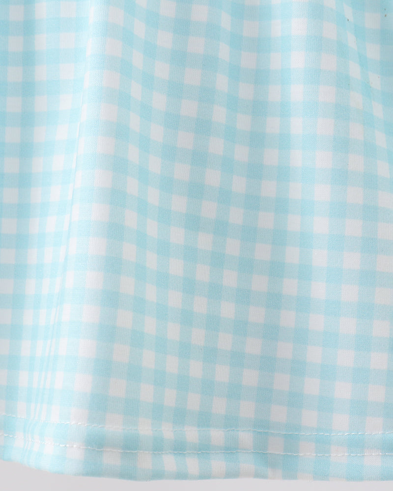 Close-up of a light blue and white checkered fabric