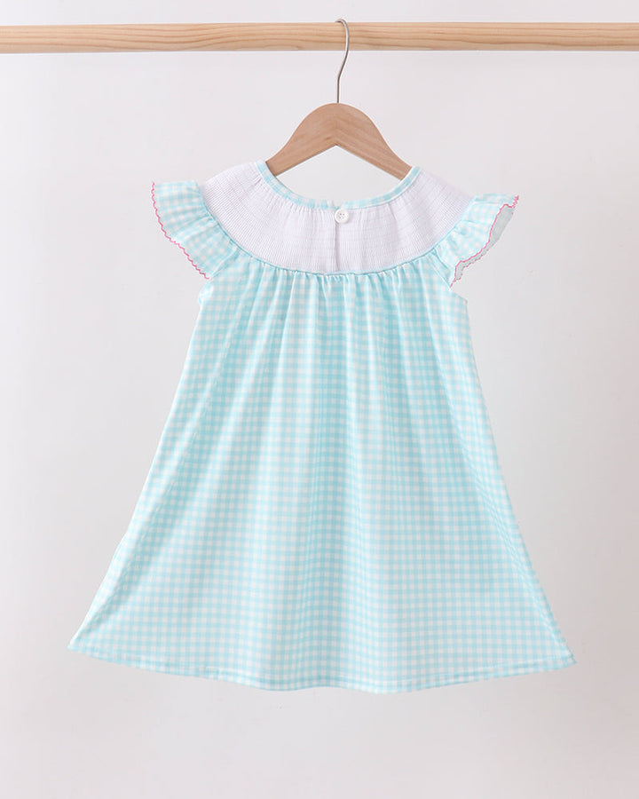 Light blue checkered dress with white collar on a wooden hanger against a white background
