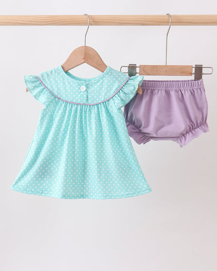 Blue Under The Sea Embroidered Bloomer Set on wooden hanger