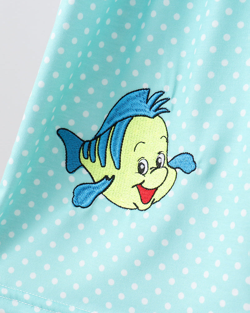 Fish embroidery on blue polka dot dress