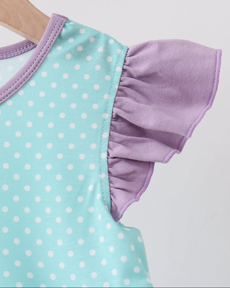 Blue polka dot dress with purple flutter sleeve