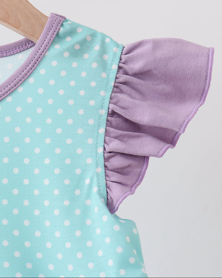 Blue polka dot dress with purple flutter sleeve