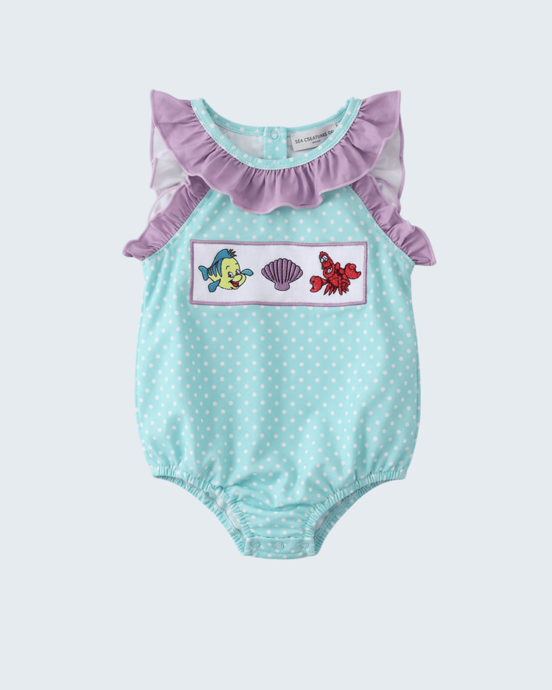 Blue Under The Sea Embroidered UPF Swim One-Piece on light blue background