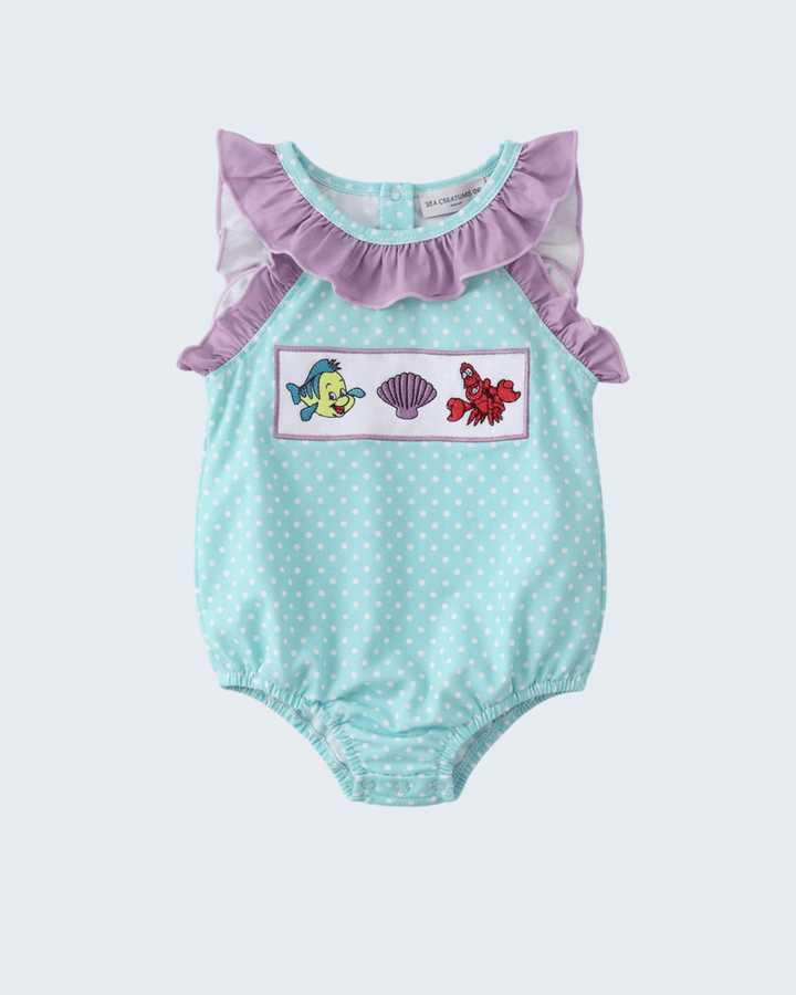 Blue Under The Sea Embroidered UPF Swim One-Piece on light blue background