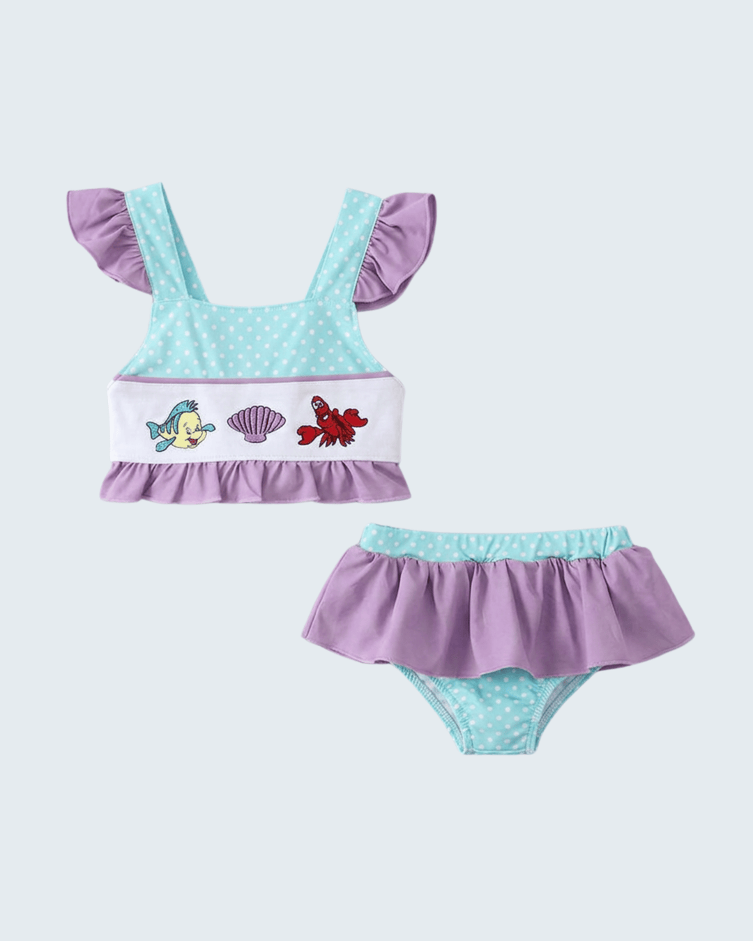 Blue Under The Sea Embroidered UPF Swim Set on light blue background