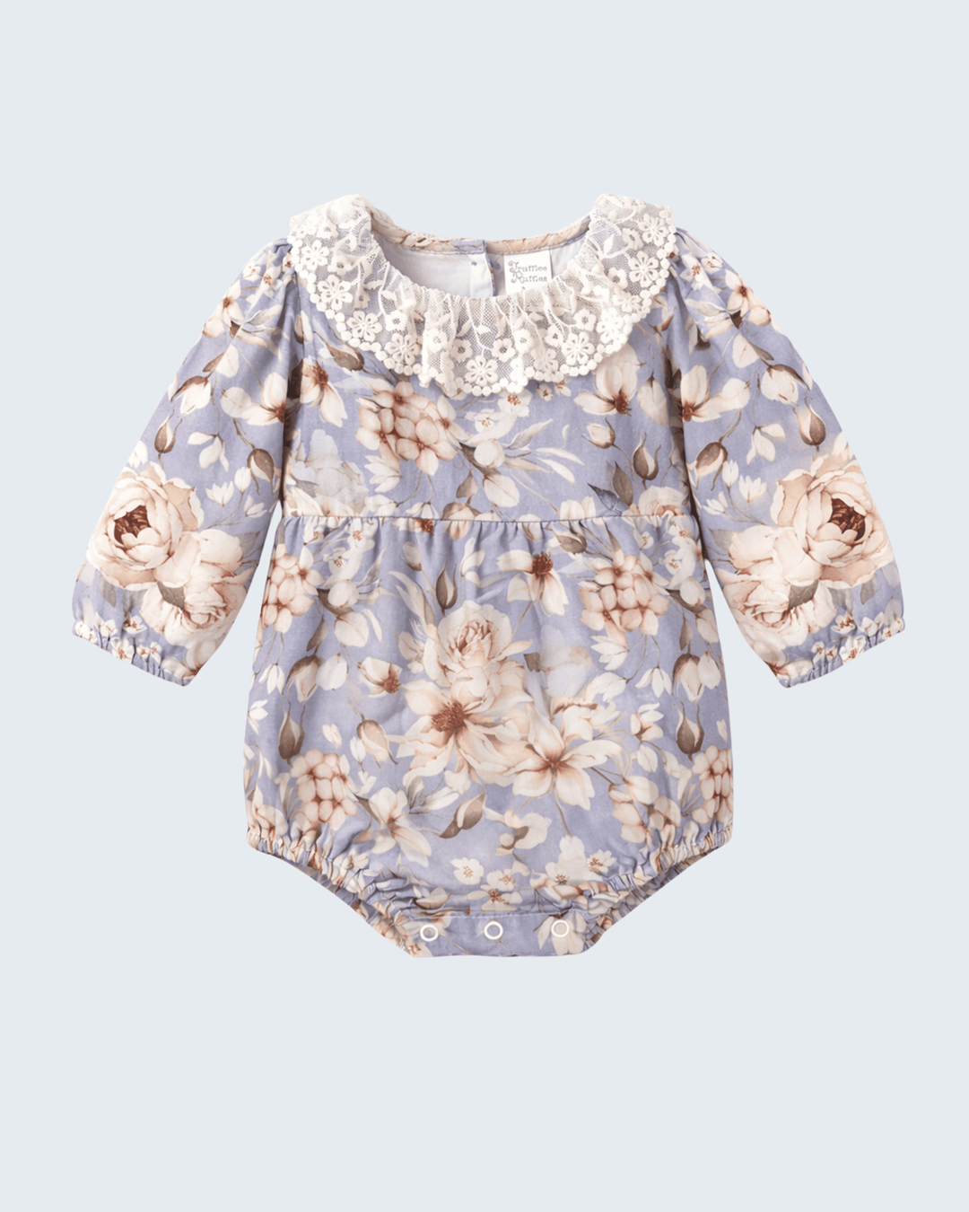Light blue floral lace-collar long-sleeve romper with gathered waist and snap legs