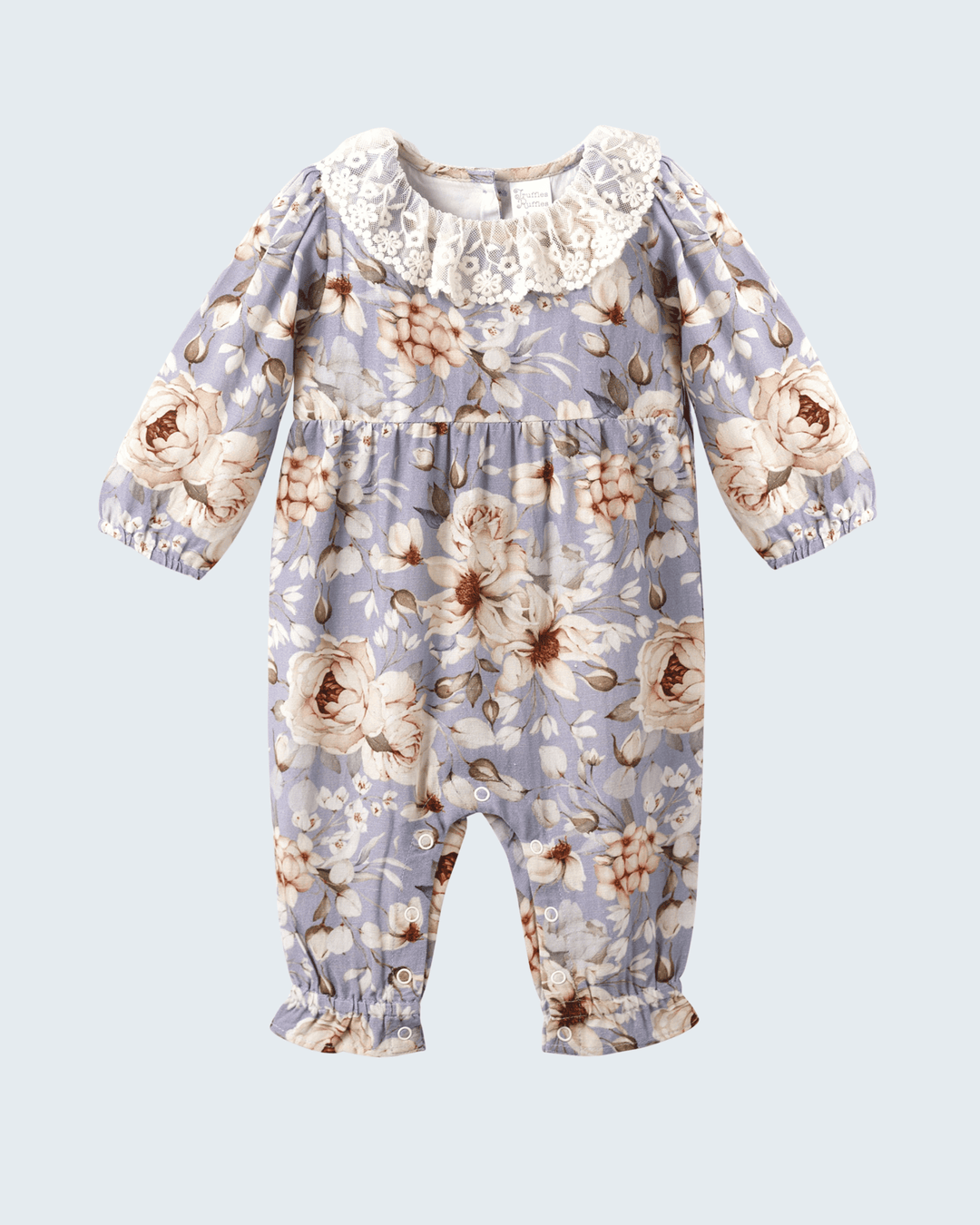 Light blue vintage floral linen romper with lace collar and long sleeves