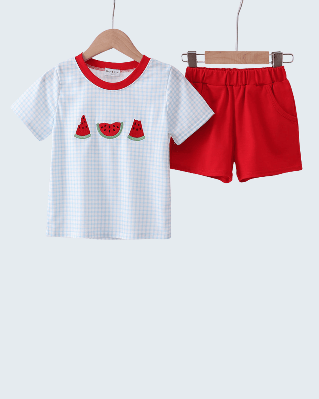 Children's outfit with white checkered shirt and red shorts on hangers against a white background