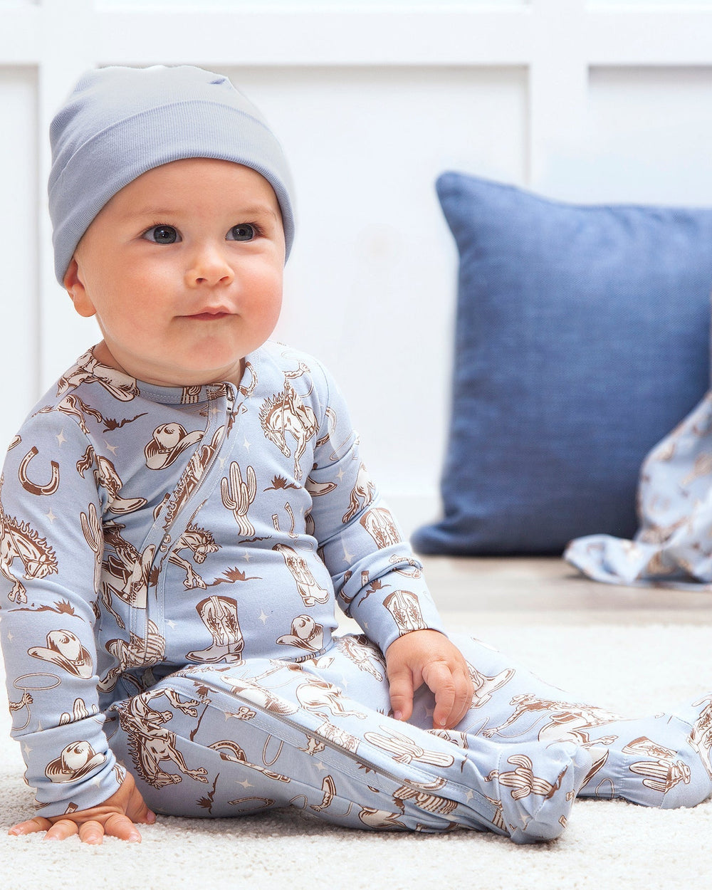 Blue Western Bamboo Zipper Romper