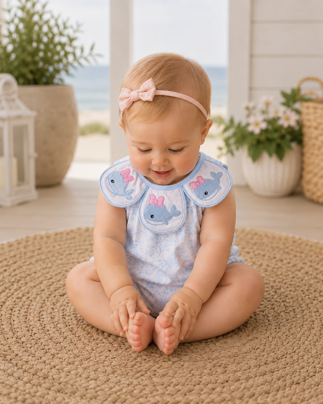 Baby sitting on a woven mat wearing a light blue onesie with cartoon character details, outdoors.
