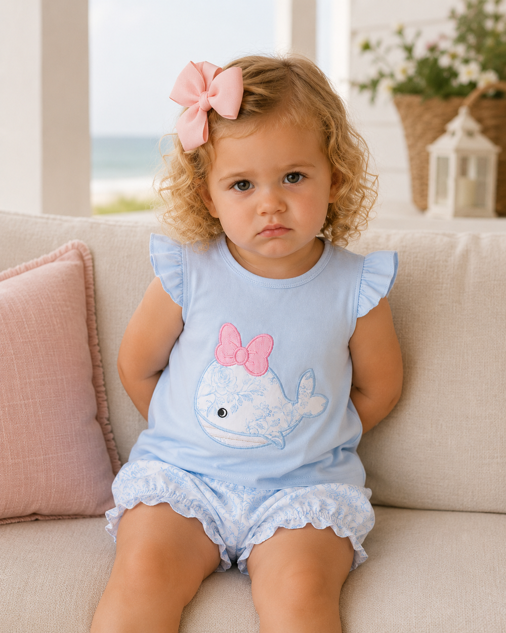 Young girl wearing a light blue outfit with a whale design and pink bow, sitting on a couch.