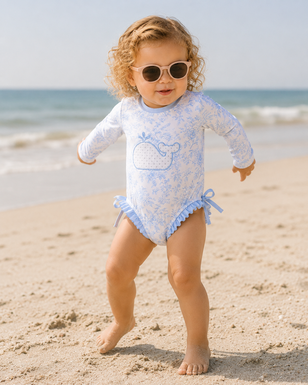 Child in a light blue swimsuit with whale design on a sandy beach.
