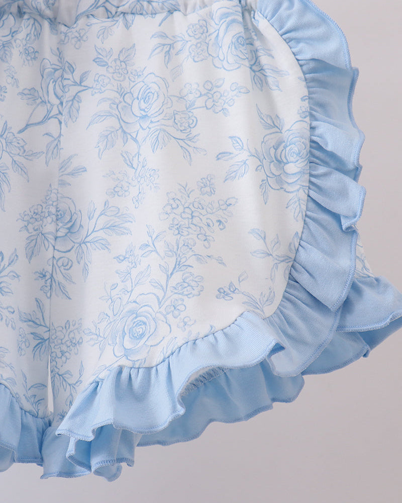 Floral patterned fabric with ruffled edge on a plain background