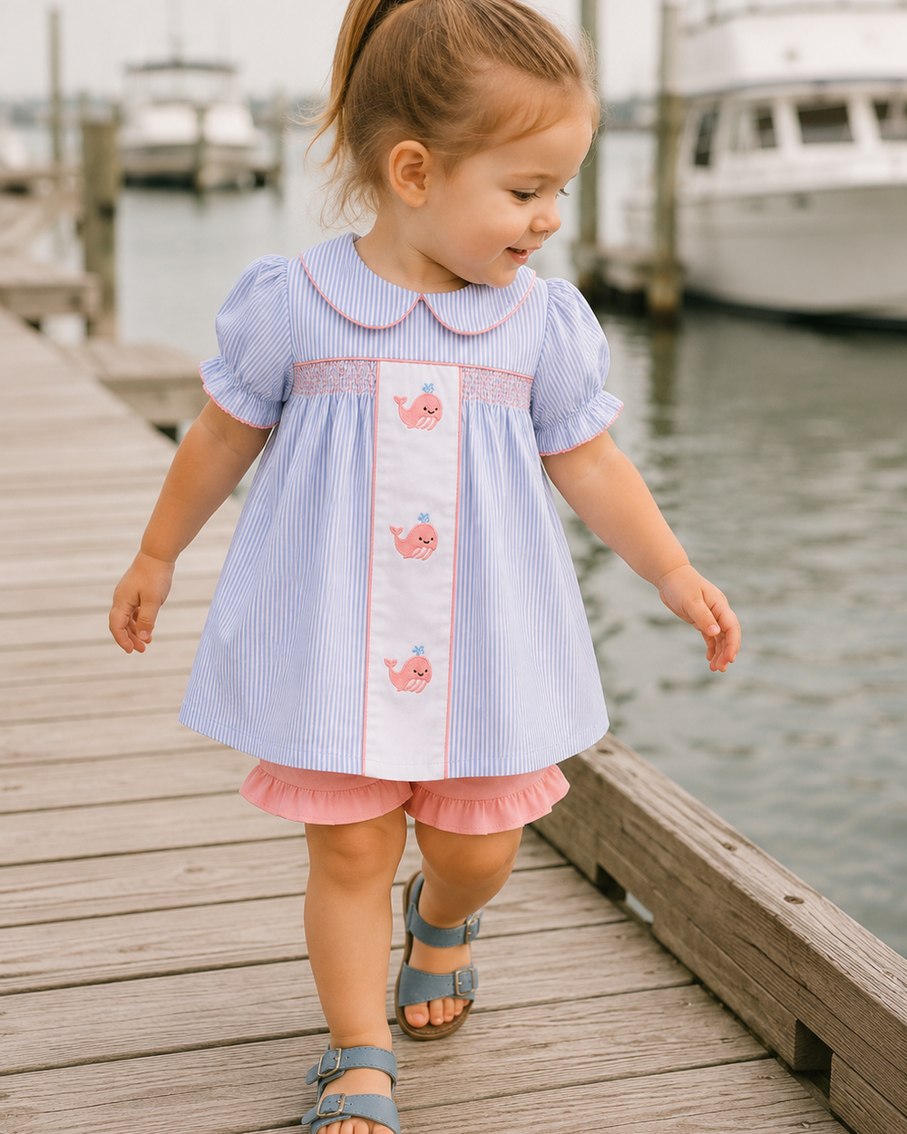 Child in a light blue dress with pink accents walking on a dock by a body of water.