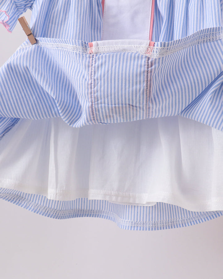 Close-up of a blue and white striped shirt with a plain background