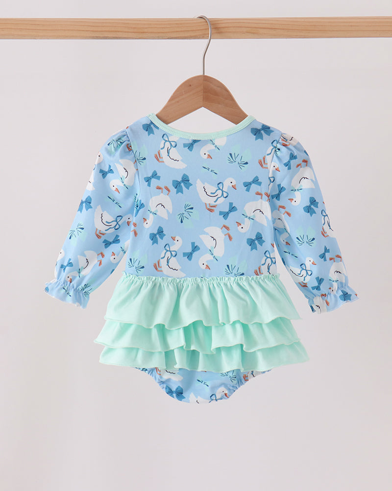 Light blue baby ruffle bubble romper with goose-and-bow print, long sleeves