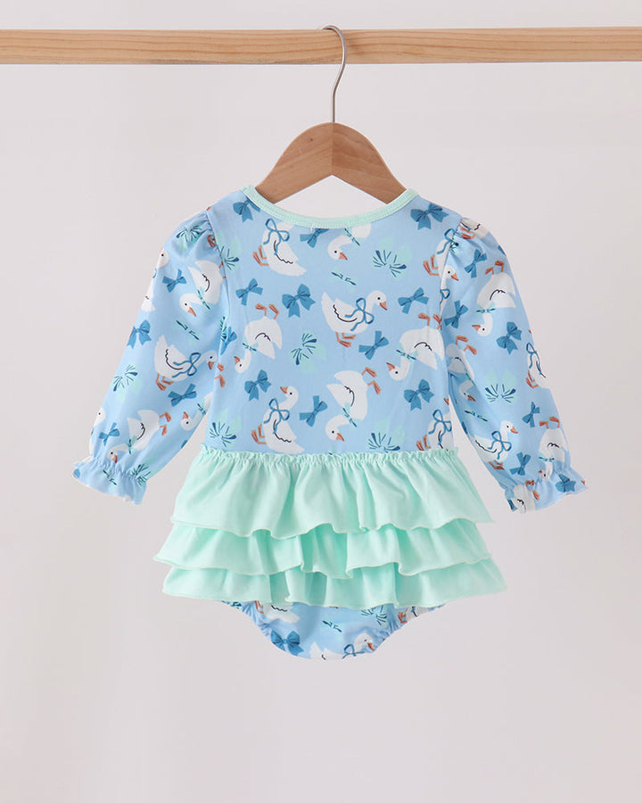 Light blue baby ruffle bubble romper with goose-and-bow print, long sleeves