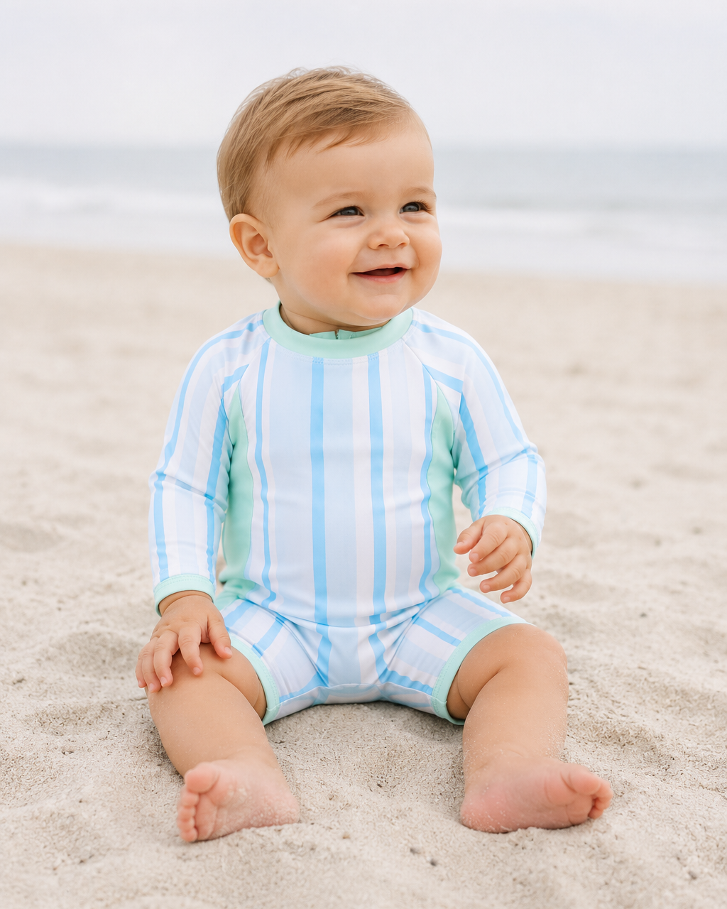 Baby boy on beach wearing Blue stripe one-piece swimsuit