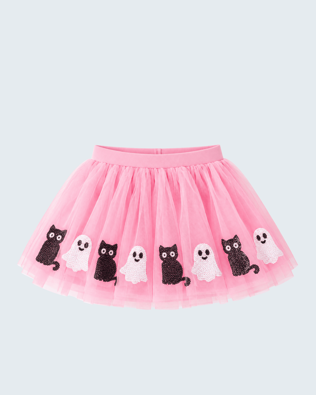 Pink tulle tutu skirt with elastic waistband and cartoon panda and ghost appliques