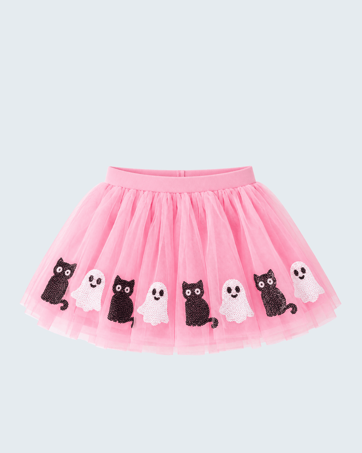 Pink tulle tutu skirt with elastic waistband and cartoon panda and ghost appliques