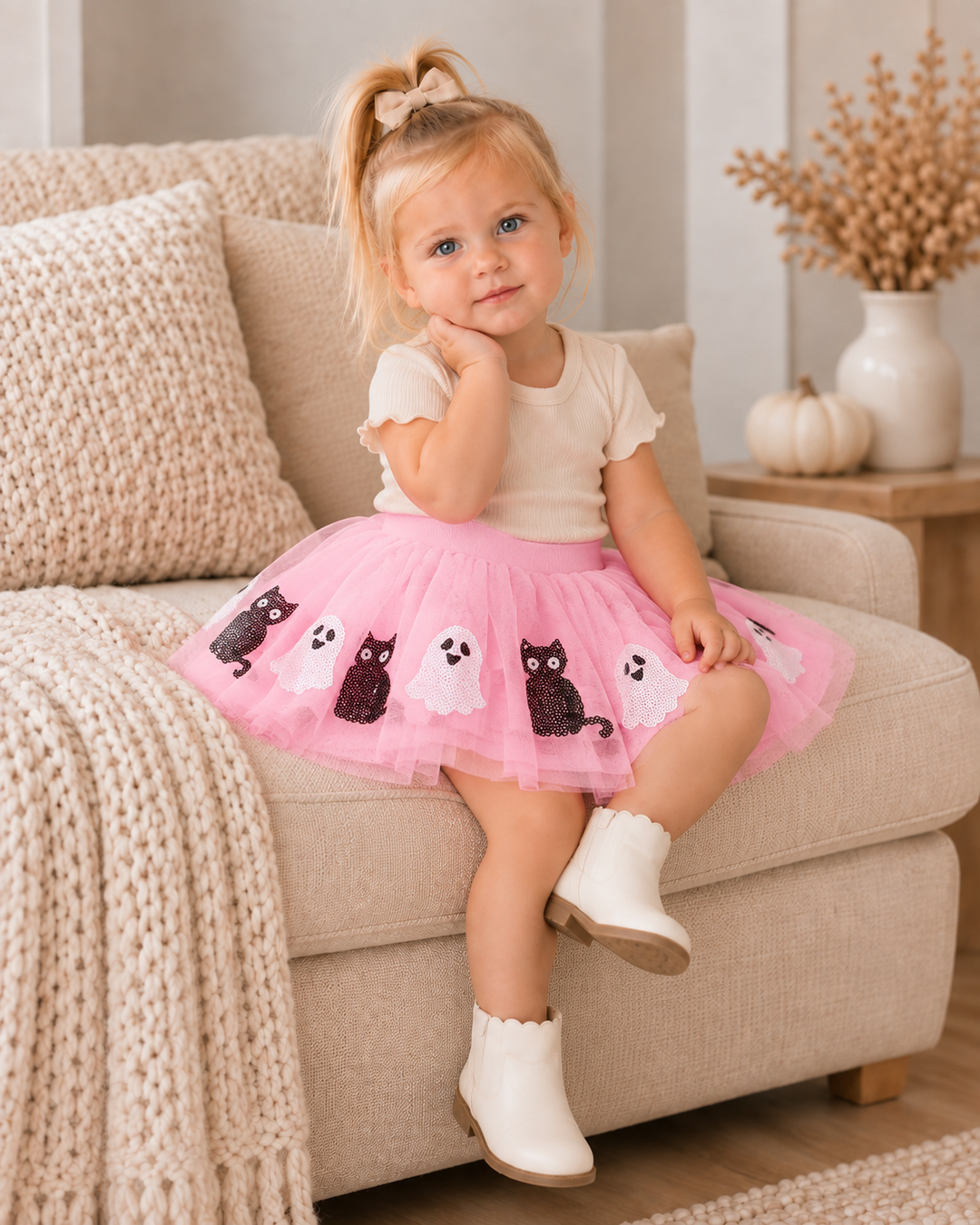 Pink tulle tutu skirt with elastic waistband, cartoon panda and ghost appliques