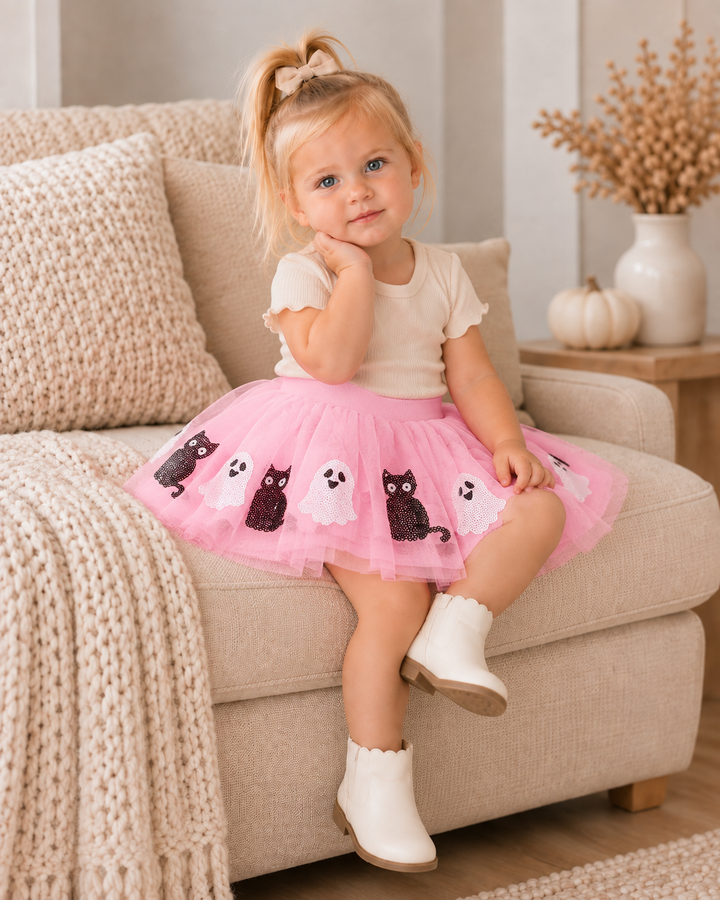 Pink tulle tutu skirt with elastic waistband, cartoon panda and ghost appliques