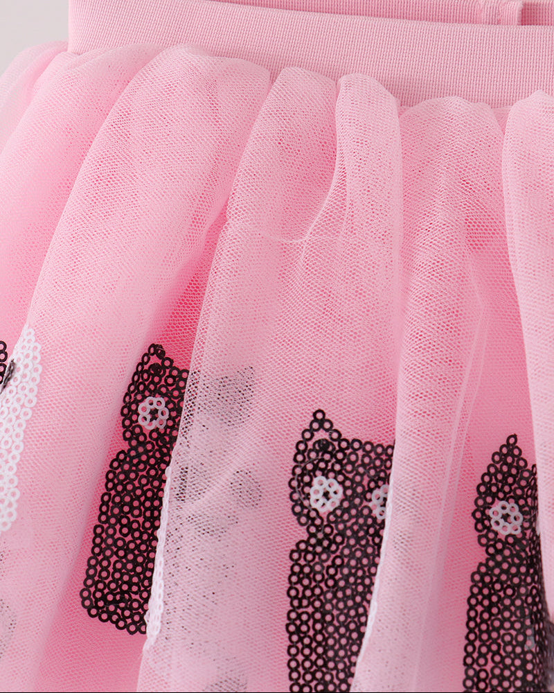 Pink elastic-waist tulle tutu with sequin ghost and cat face detail