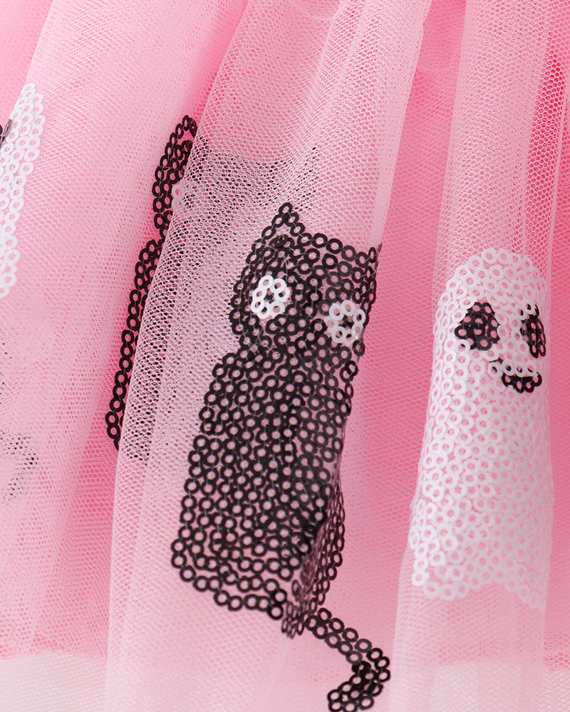 Pink tulle tutu skirt with black sequin ghost face and cat silhouette