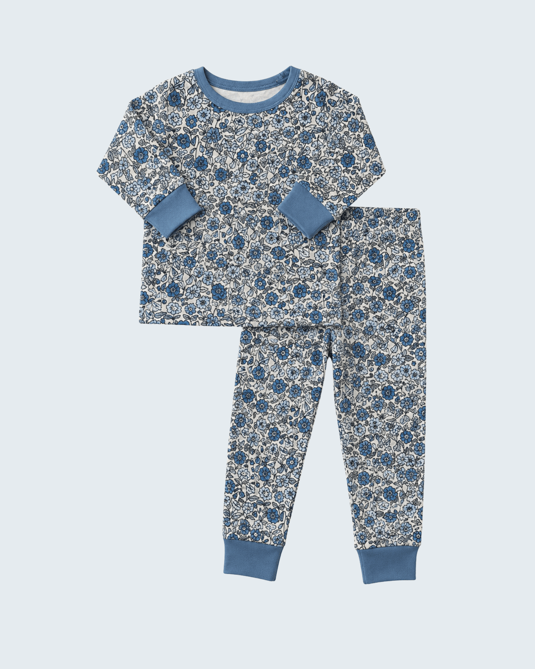 Blue pointelle bamboo pajama set, long-sleeve top and pajama pants with floral print