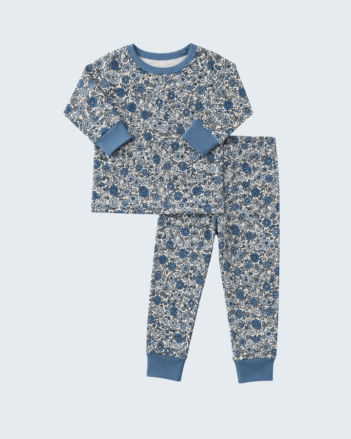 Blue pointelle bamboo pajama set, long-sleeve top and pajama pants with floral print