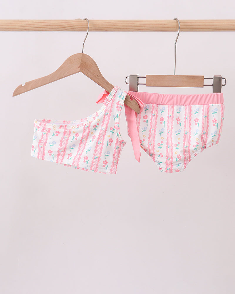Blush Floral Print Bow Two-Piece Swimsuit with one shoulder.