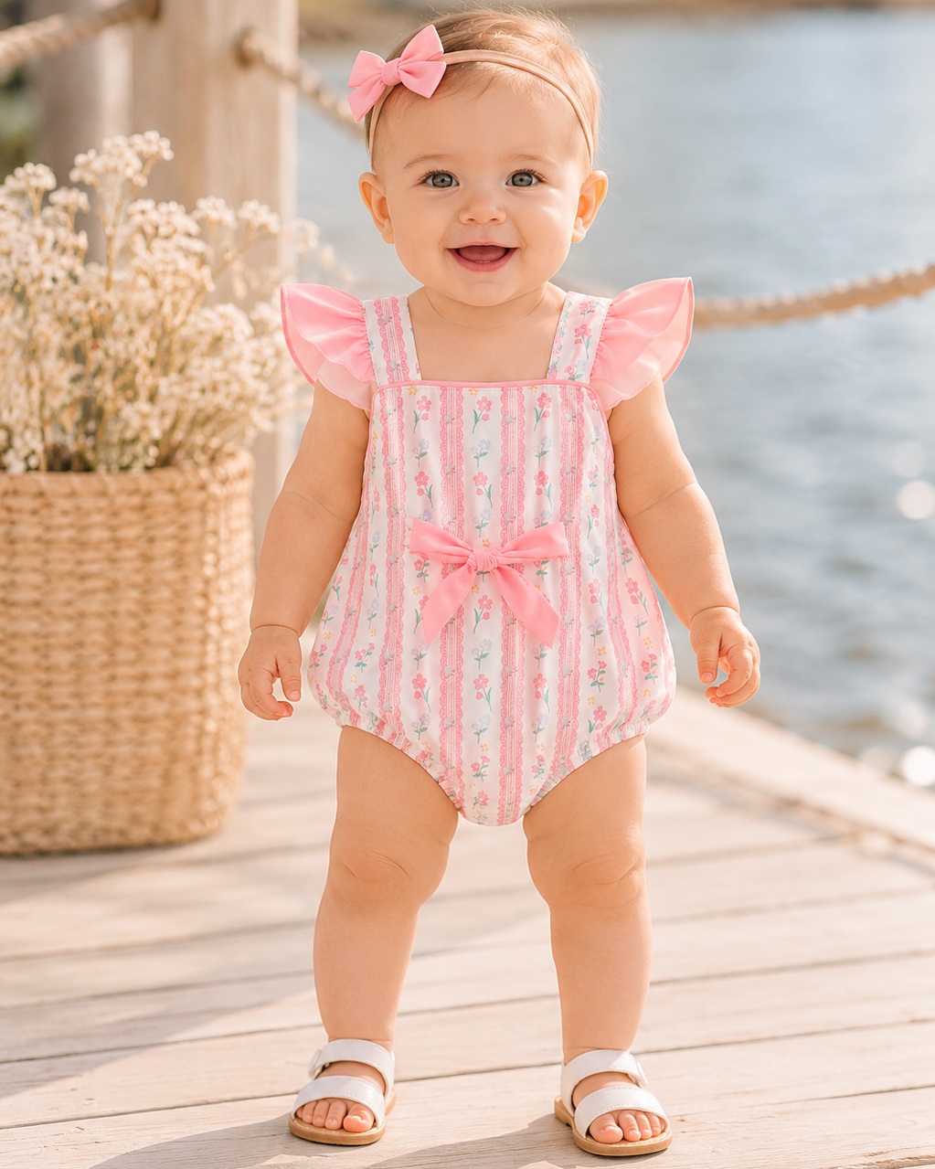 Baby in a pink and white striped swimsuit with a bow standing on a wooden dock by water.