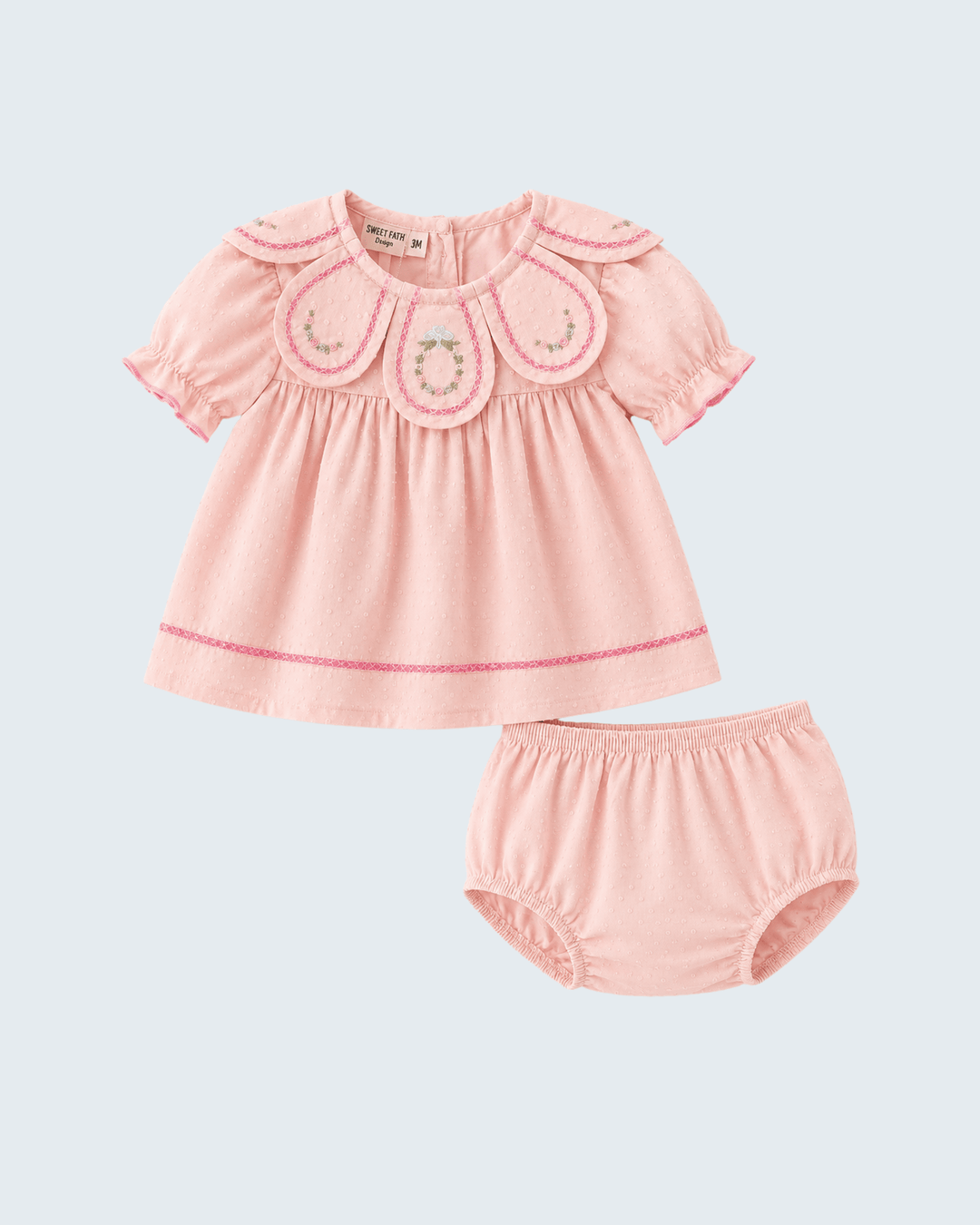 Blush pink embroidered petal-collar dress and bloomer set, short sleeves and ruffle hem