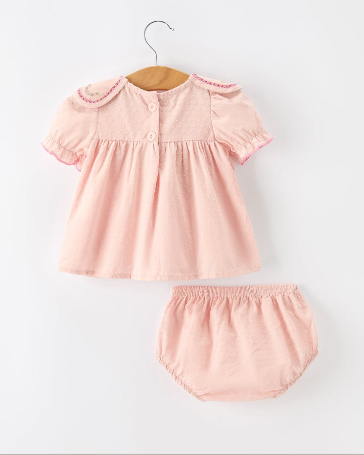 Pink baby girl short-sleeve dress with Peter Pan collar and matching bloomer bottoms