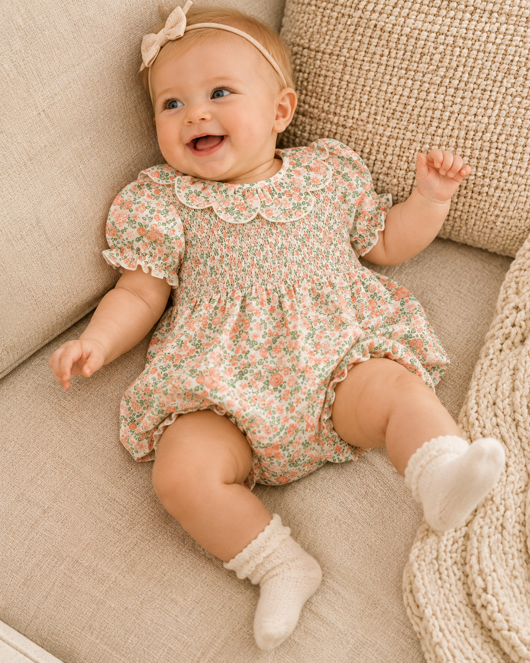 Floral baby romper with smocked bodice, ruffled collar, short sleeves