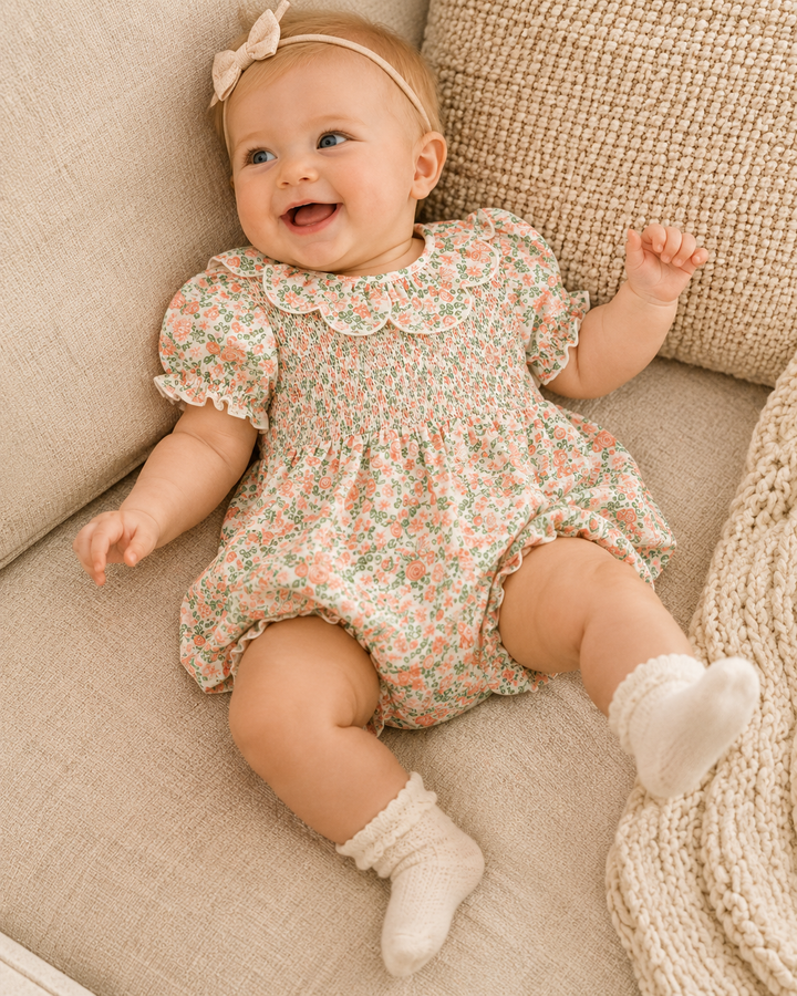 Floral baby romper with smocked bodice, ruffled collar, short sleeves