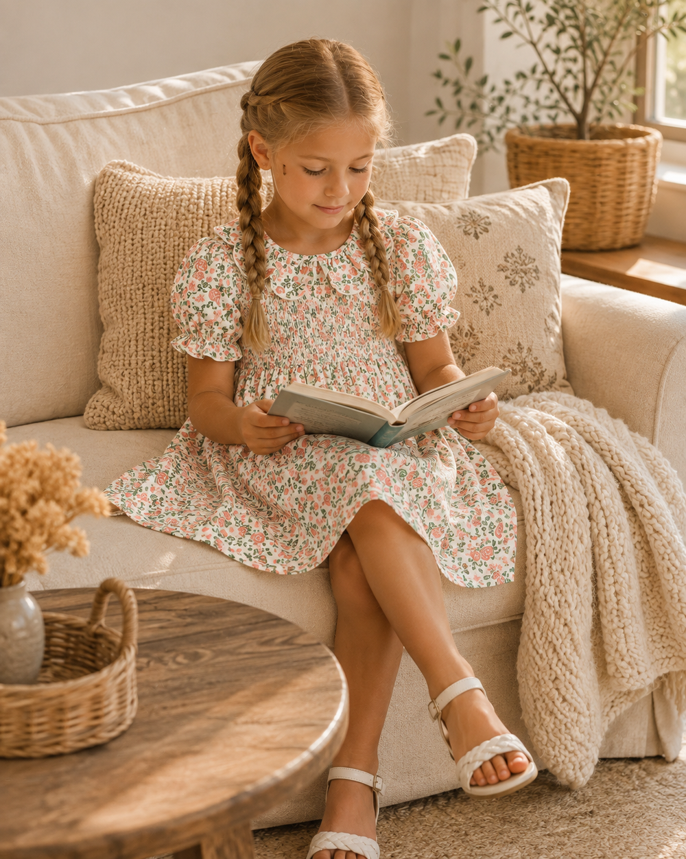A young girl with braided hair sits on a cream sofa reading a book, wearing a short-sleeve floral dress with a white base and pink and green floral print, paired with white sandals.