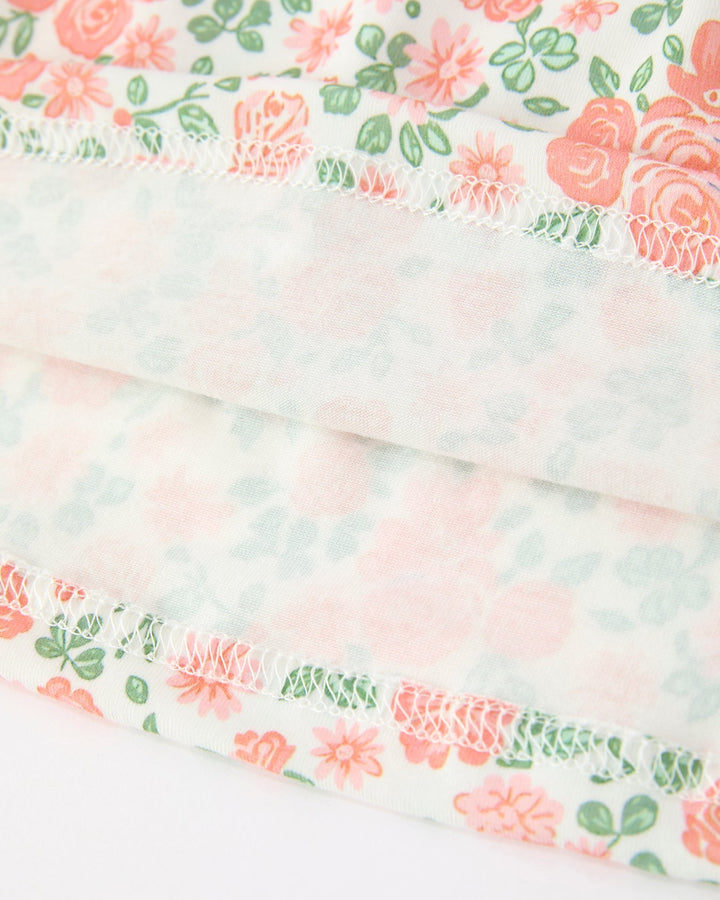 Floral girls smocked dress with gathered ruffle hem trim, peach and green