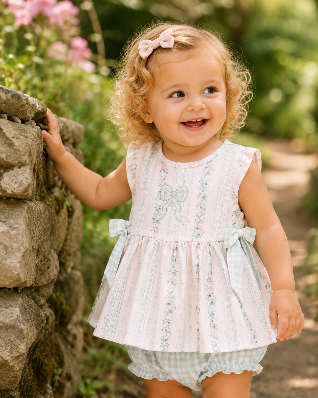 Child wearing a light dress with floral patterns outdoors near a stone wall.