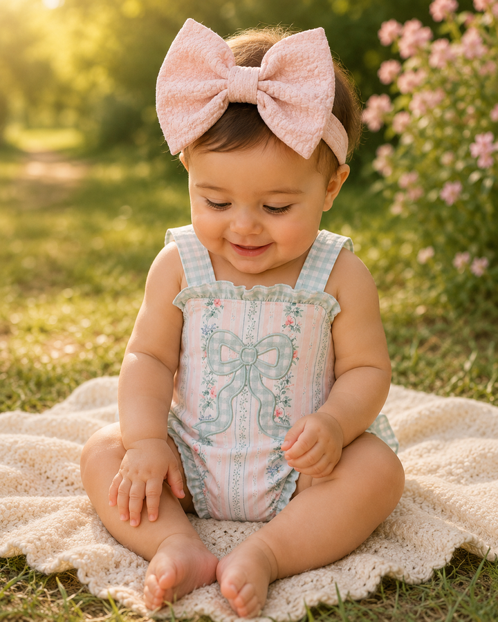 Baby sitting on a blanket outdoors wearing a floral romper and large bow headband.