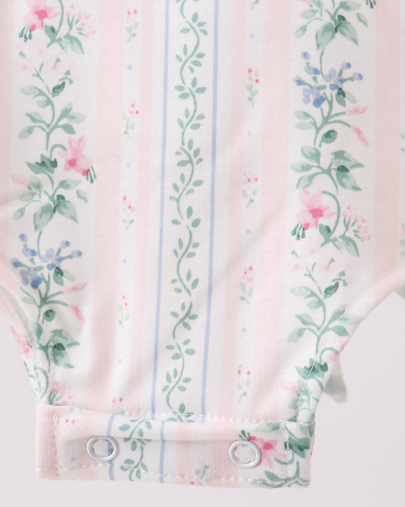 Floral and striped fabric with pink, green, and blue colors on a white background