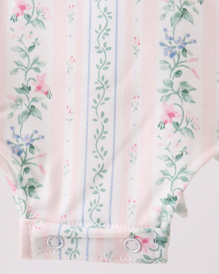 Floral and striped fabric with pink, green, and blue colors on a white background