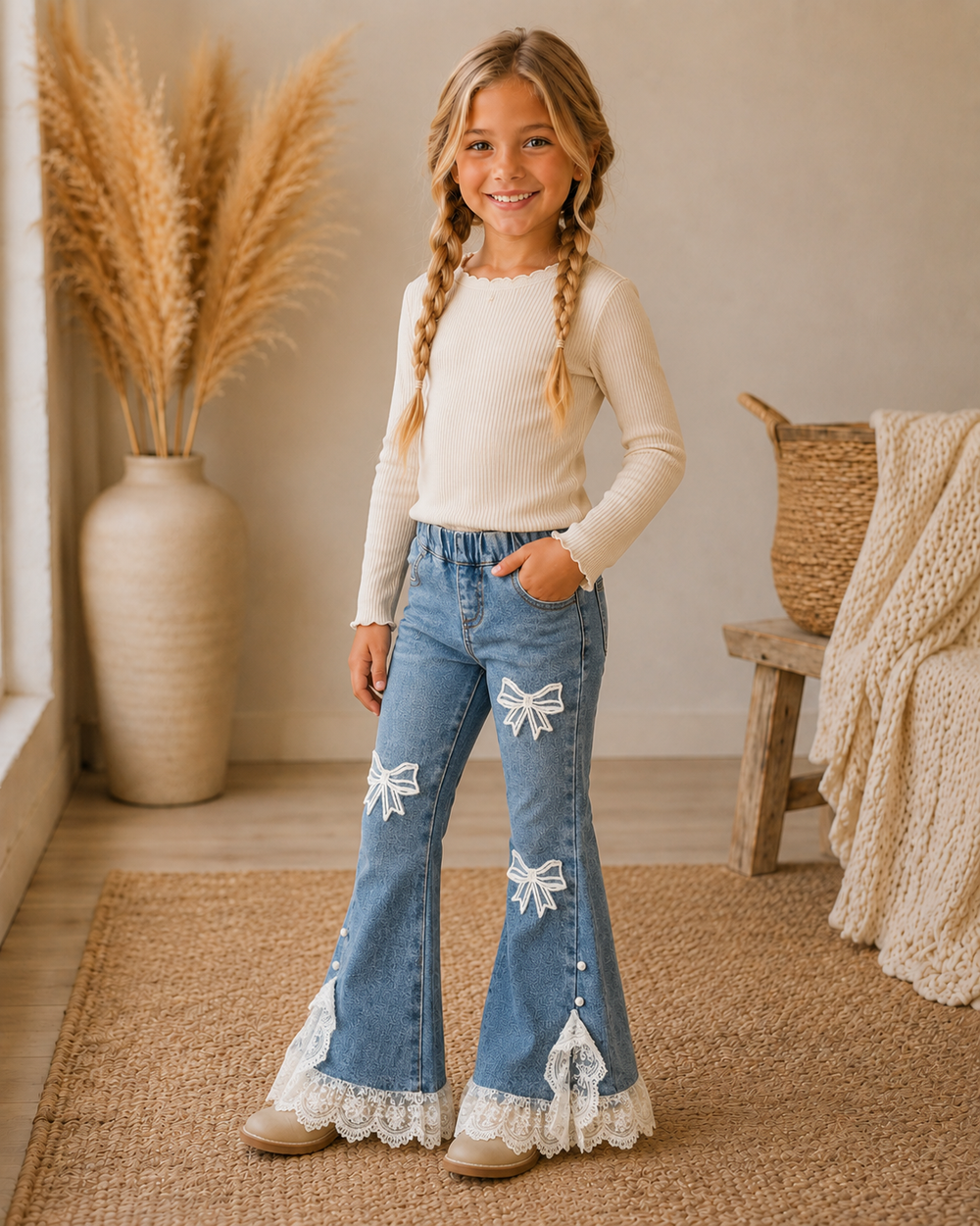 Kids' light blue flare jeans with white bow patches and lace trim at cuffs.