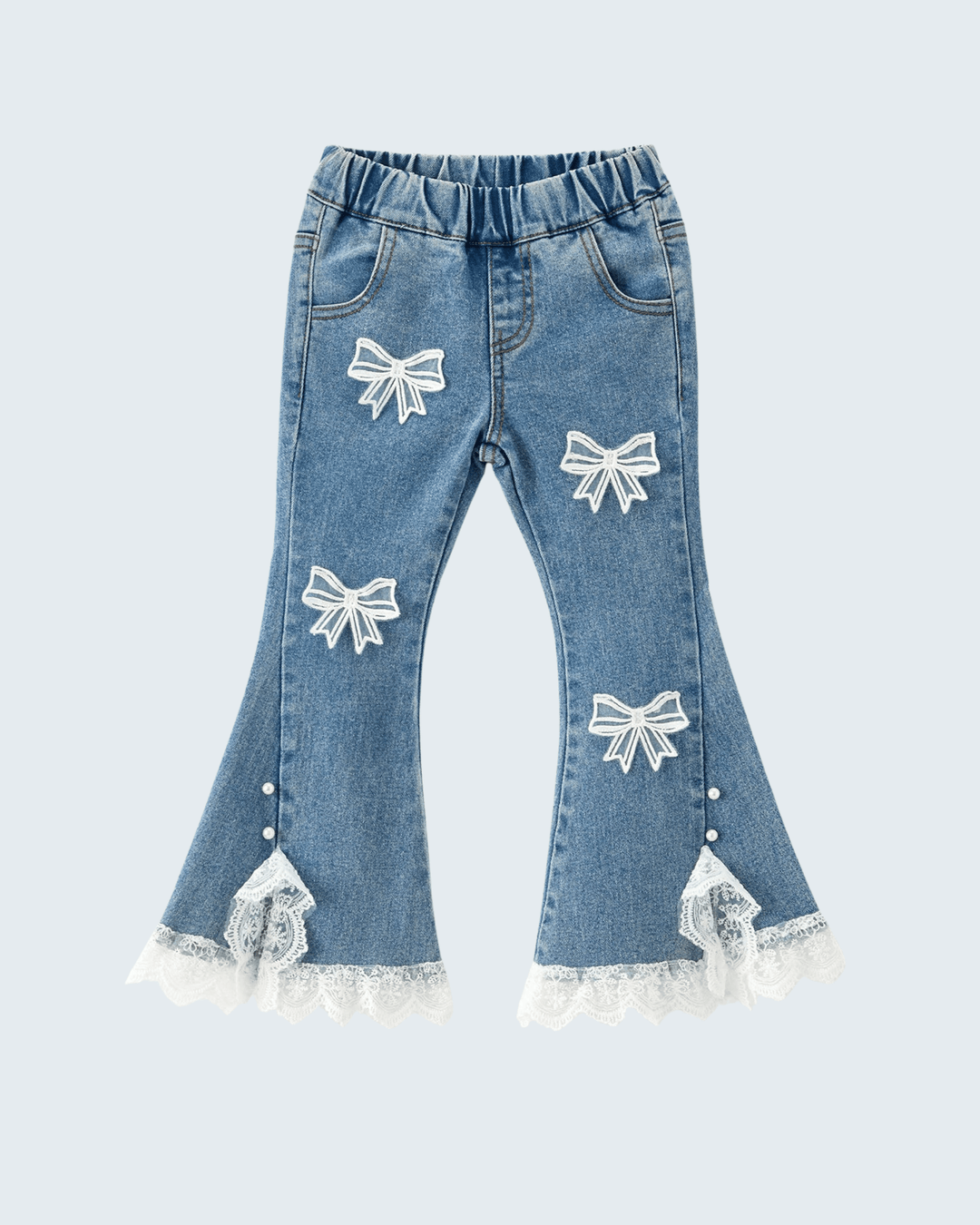 Light blue flare jeans with white bow appliques and scalloped lace hem.