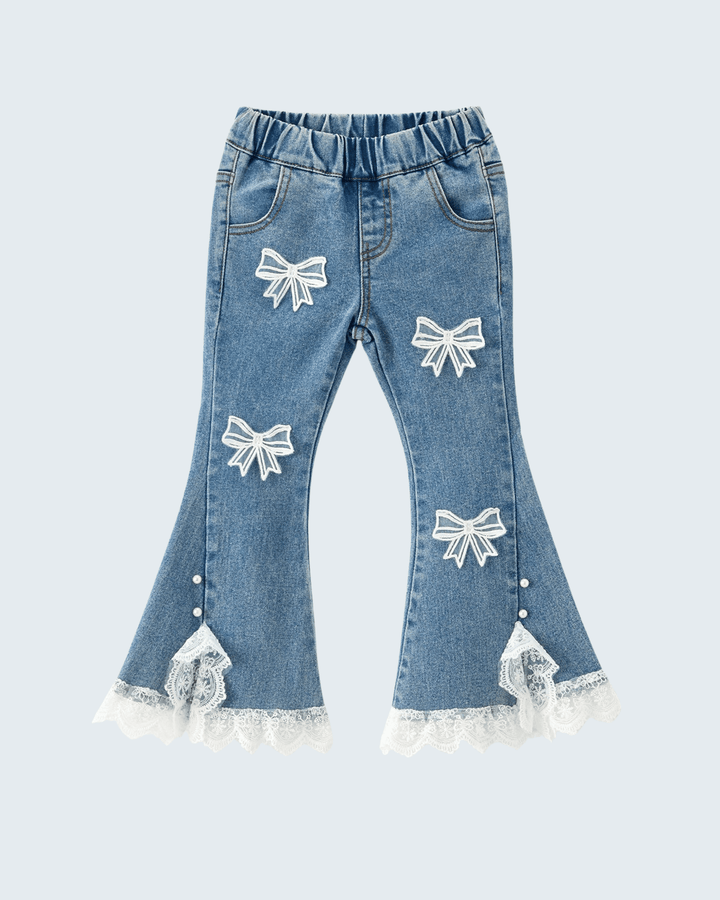 Light blue flare jeans with white bow appliques and scalloped lace hem.